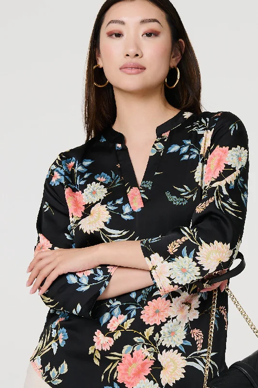 Floral Print 3/4 Sleeve V-Neck Blouse Chic Ruffle Blouse