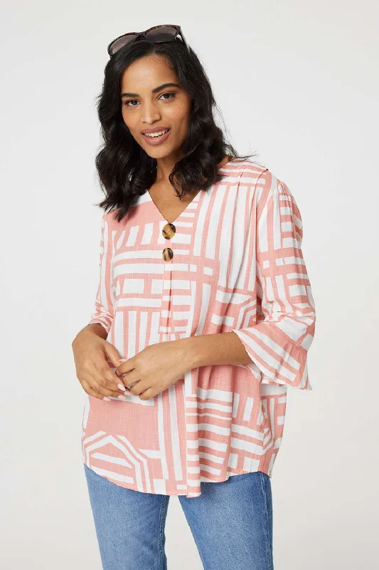Printed 3/4 Flare Sleeve Blouse Sheer Mesh Blouse