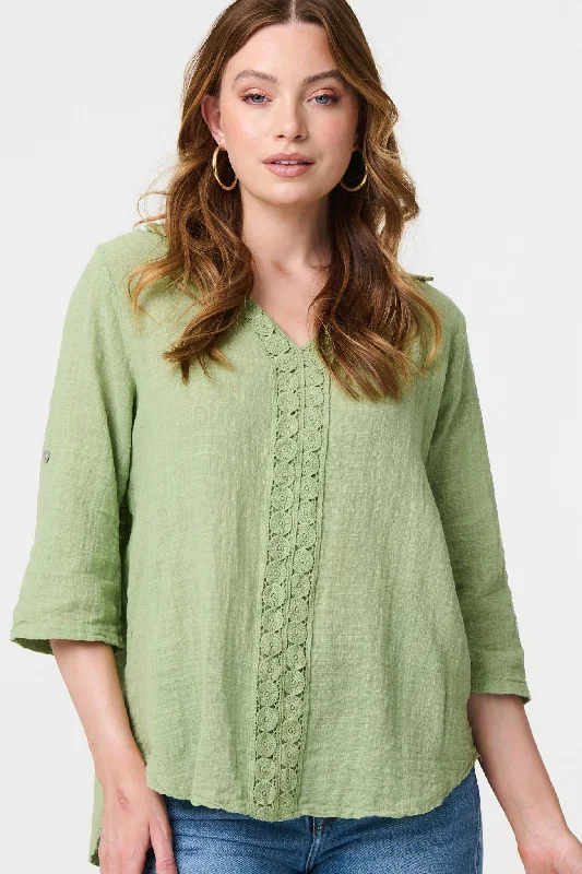 Lace Detail V-Neck Relaxed Blouse Casual Stripe Blouse