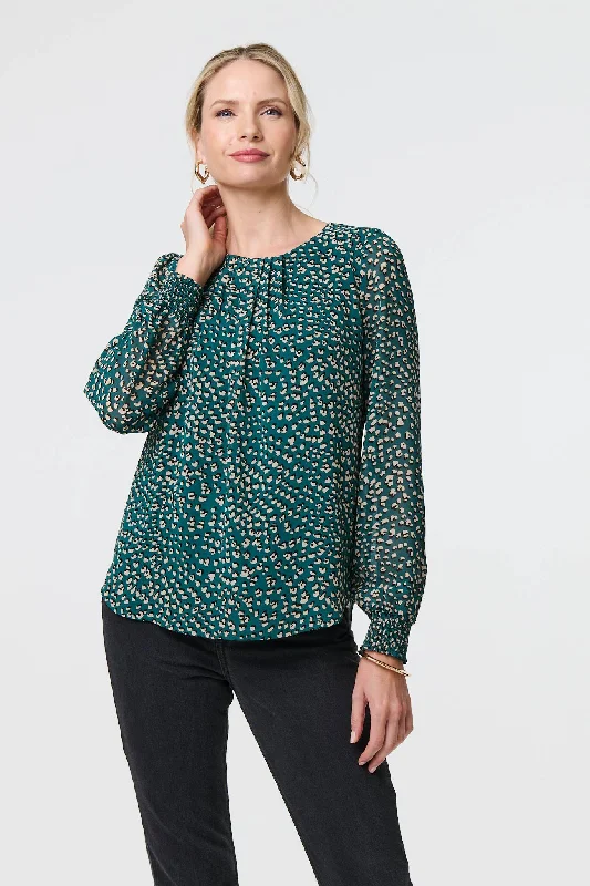 Animal Print Semi Sheer Blouse Side Tie Blouse