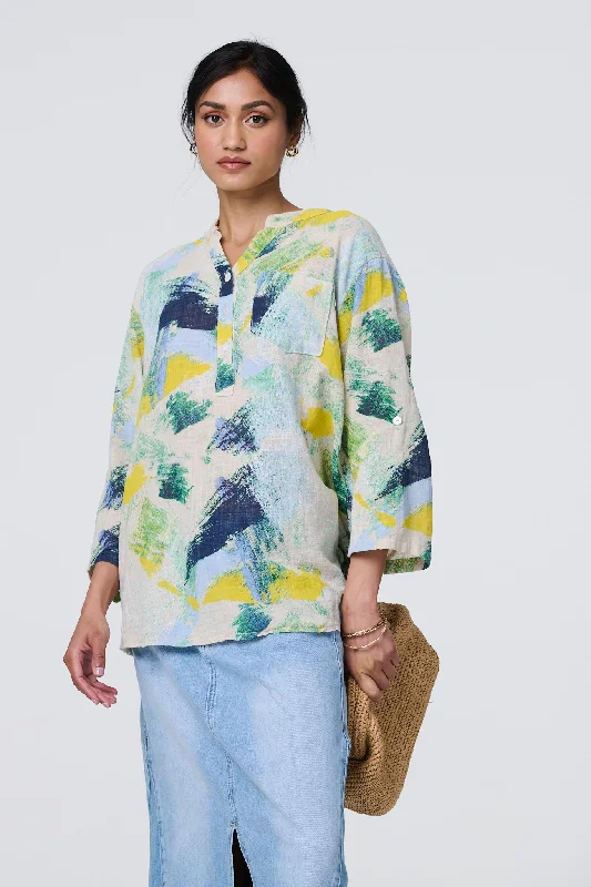 Brushstroke Print Relaxed 3/4 Sleeve Blouse Classic Minimalist Blouse