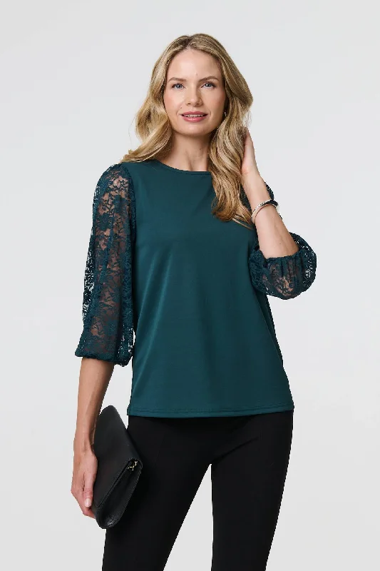 Floral Lace 3/4 Sleeve Blouse Casual Stripe Blouse