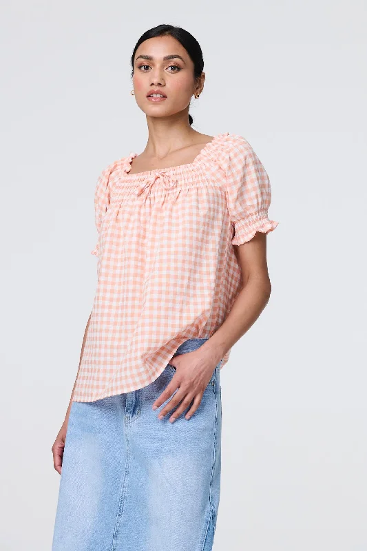 Gingham Check Puff Sleeve Blouse Business Casual Blouse