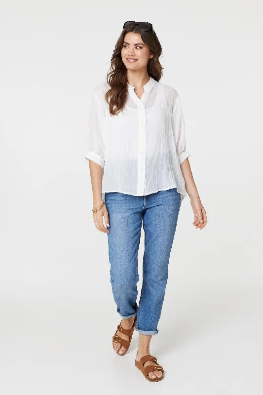 Collarless Button Back 3/4 Sleeve Blouse Chic Wrap Blouse