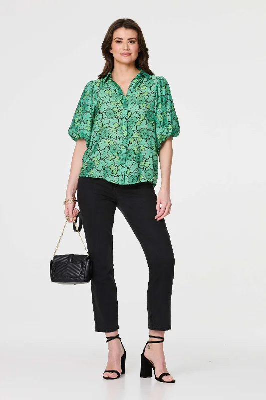 Leaf Print 1/2 Puff Sleeve Blouse Ruched Sleeve Blouse