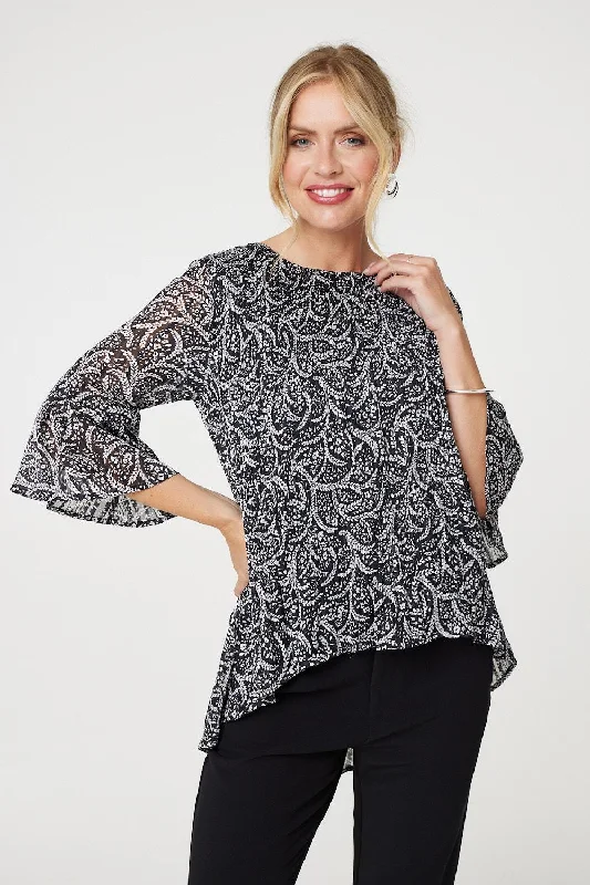 Leaf Print 3/4 Sleeve High Low Blouse Off-Shoulder Wrap Blouse
