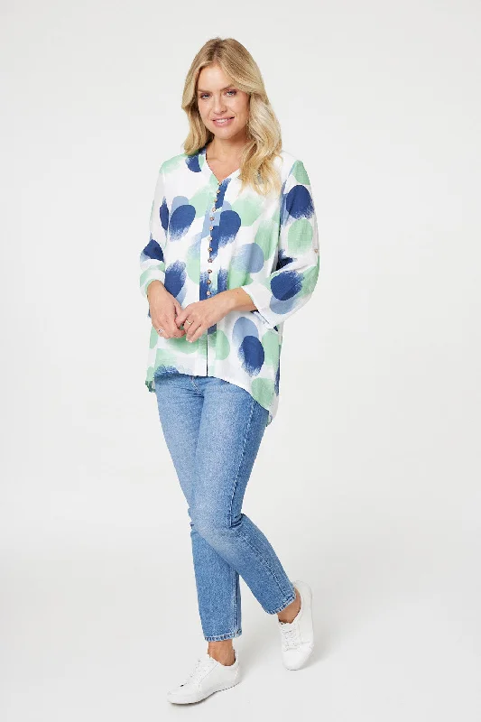 Polka Dot Button Detail Blouse Silky Draped Blouse