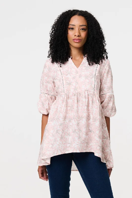 Floral Curve Hem 3/4 Puff Sleeve Blouse Balloon Sleeve Blouse