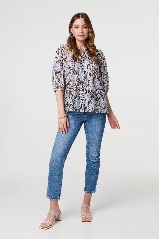 Floral 3/4 Puff Sleeve Relaxed Blouse Loose Oversized Blouse
