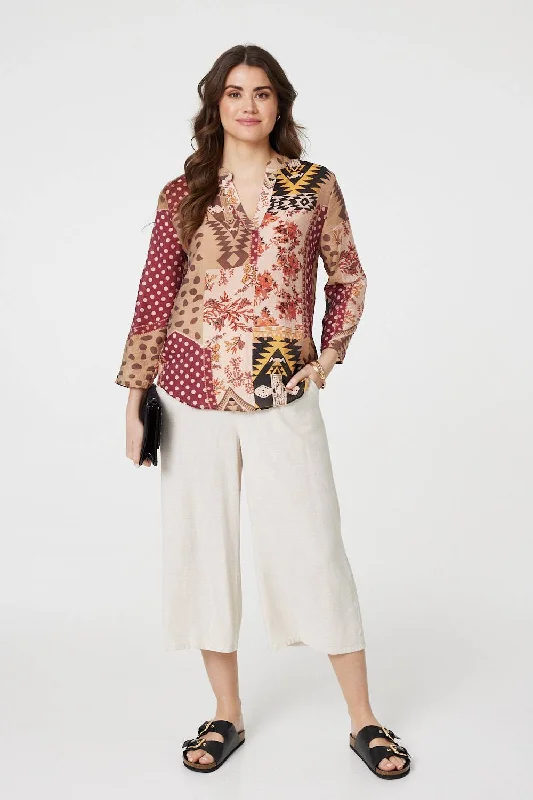 Patchwork Print Curve Hem Blouse Double-Layered Blouse