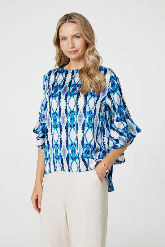 Geo Print 3/4 Flute Sleeve Curve Hem Blouse Feminine Satin Blouse