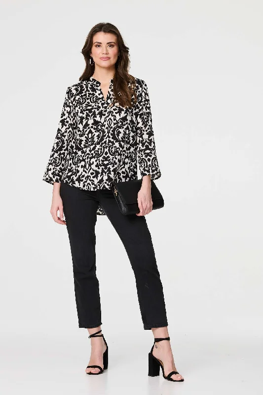 Printed 3/4 Sleeve Curve Hem Blouse High Neck Blouse