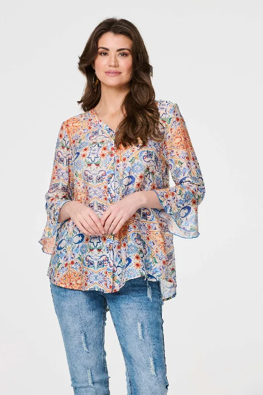 Printed 3/4 Flute Sleeve Blouse Side Tie Blouse