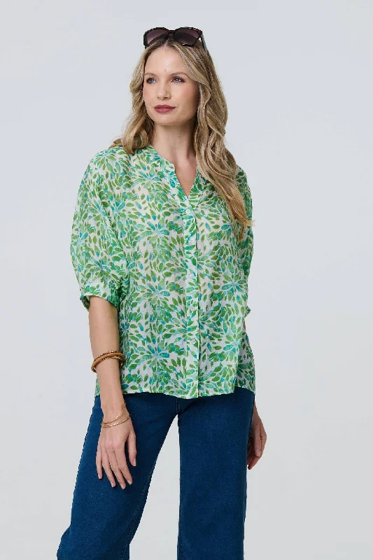 Printed 3/4 Turn-Up Sleeve Collarless Blouse Drape Neck Blouse
