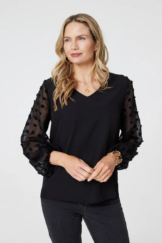Polka Dot Semi Sheer V-Neck Blouse Elegant Lace Blouse