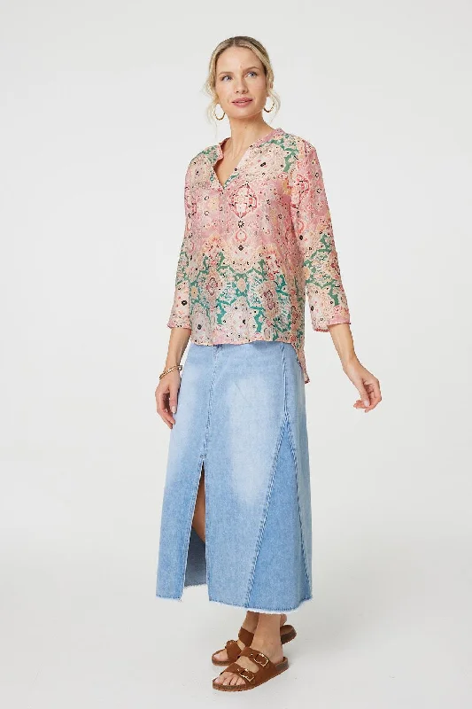 Printed 3/4 Sleeve V-Neck Relaxed Blouse Classic Striped Blouse