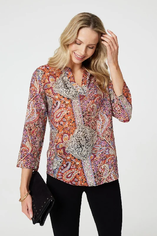 Paisley 3/4 Sleeve V-Neck Blouse Casual Relaxed Fit Blouse