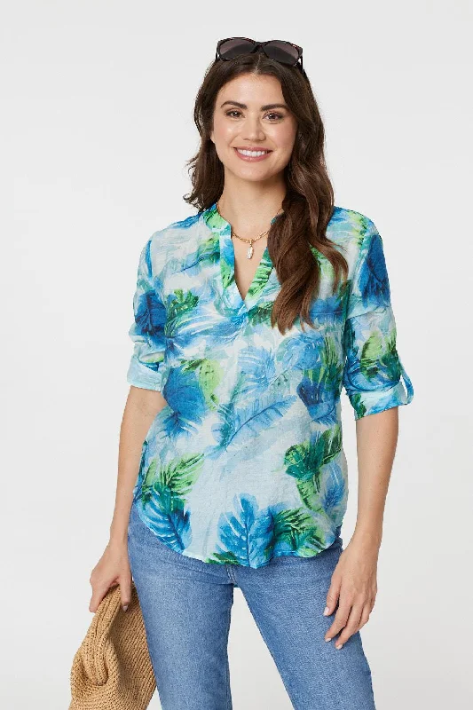 Tropical Print V-Neck 3/4 Sleeve Blouse Vintage Polka Blouse