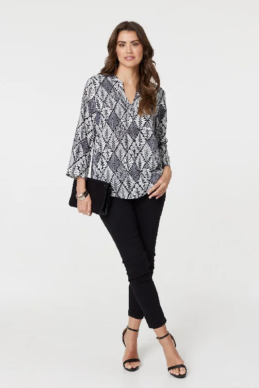 Leaf Print 3/4 Sleeve Curve Hem Blouse Embroidered Floral Blouse