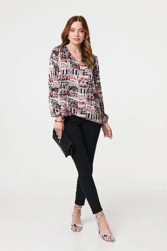 Printed Long Sleeve V-Neck Tunic Blouse Airy Cotton Blouse
