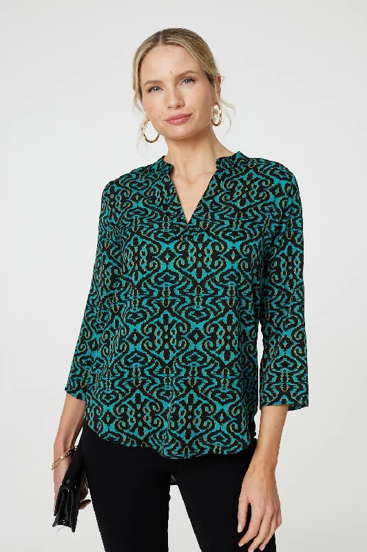Aztec Print 3/4 Sleeve Curve Hem Blouse Slim Fit Blouse