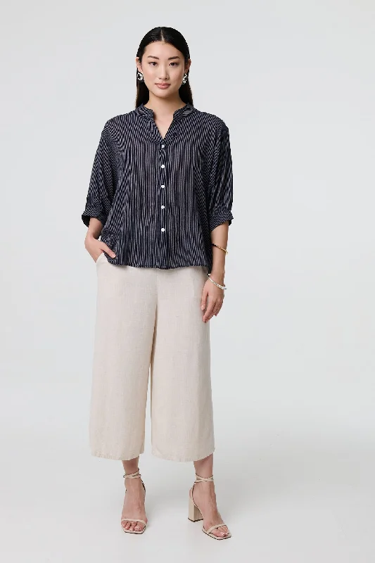 Pinstripe Relaxed Button Back Blouse Satin Drape Blouse