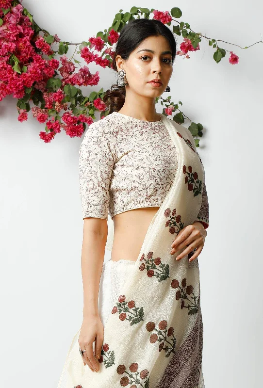 The Floral Printed Off-White Kota Doria Blouse Off-Shoulder Wrap Blouse
