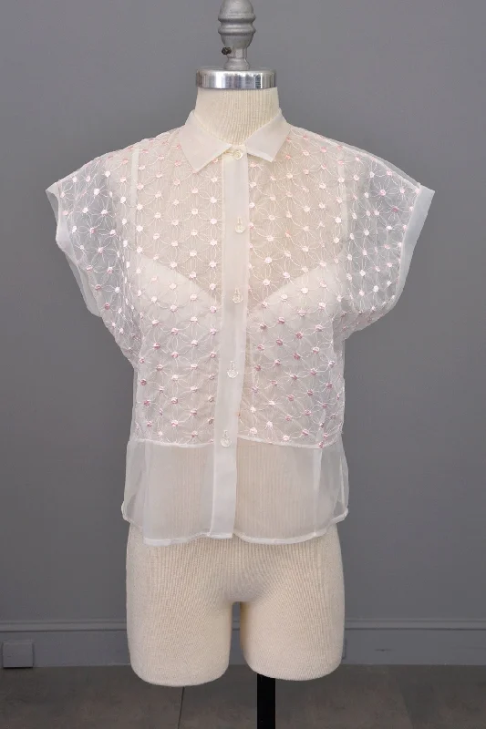 1950s Sheer White Nylon Blouse w Pink Embroidered Flower Dots Casual Stripe Blouse