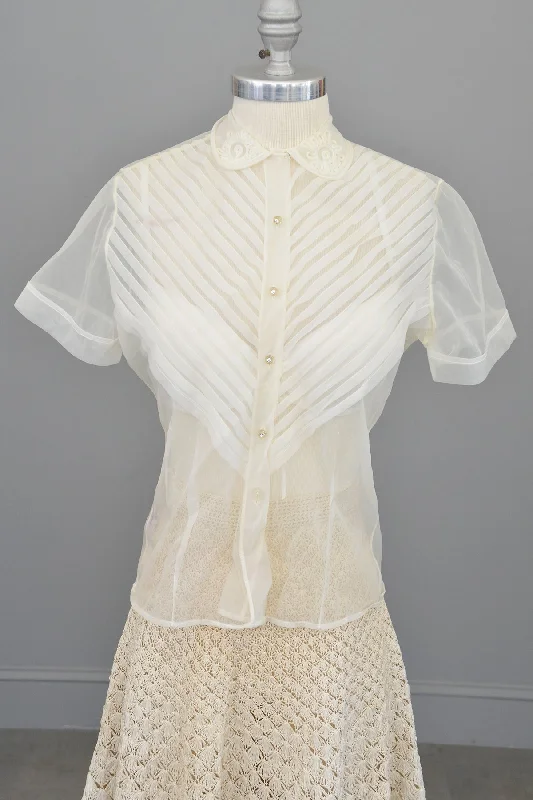 1950s White Sheer Nylon Pleated Blouse Off-Shoulder Wrap Blouse