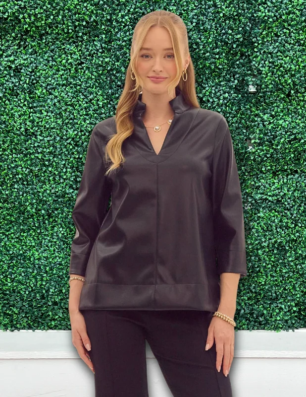 V-Neck Pleather Blouse Office Formal Blouse