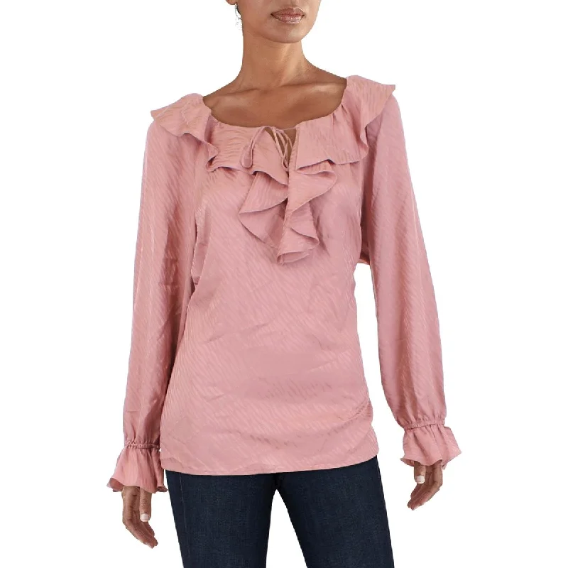 Anne Klein Womens Tonal Wave Ruffled Jacquard Blouse Peter Pan Collar Blouse