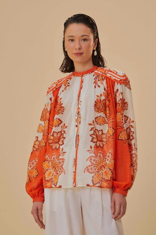 Orange Aura Piping Trim Organic Cotton Blouse Elegant Peplum Blouse