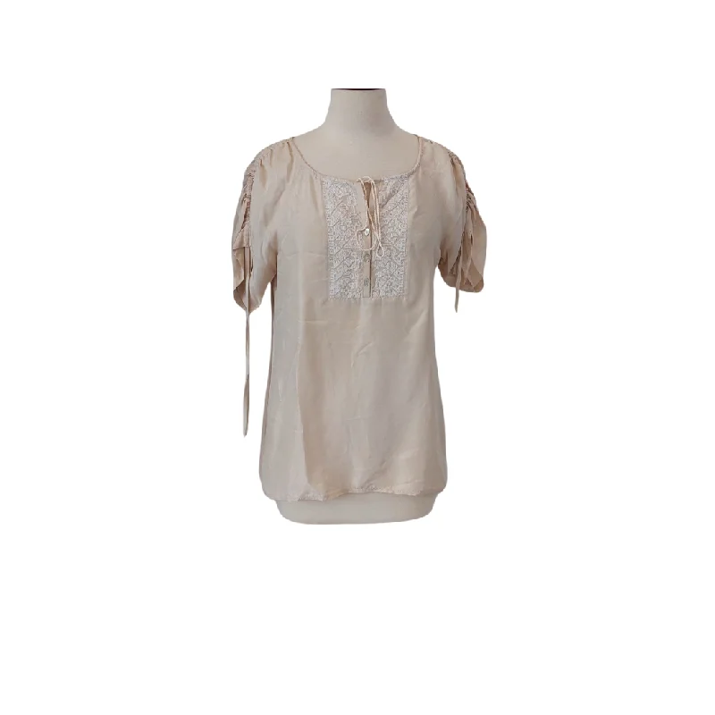 Banana Republic Beige Embroidered Neckline Satin Blouse | Pre Loved | Feminine Pastel Blouse