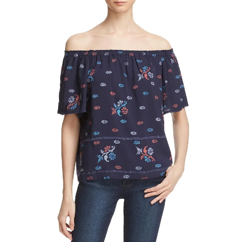 Beltaine Womens Chole Printed Off-The-Shoulder Blouse Sheer Mesh Blouse