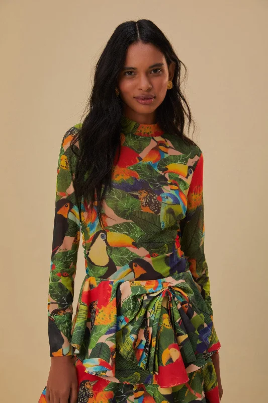 Bird Leaves Sand Tulle Blouse Casual Button Blouse