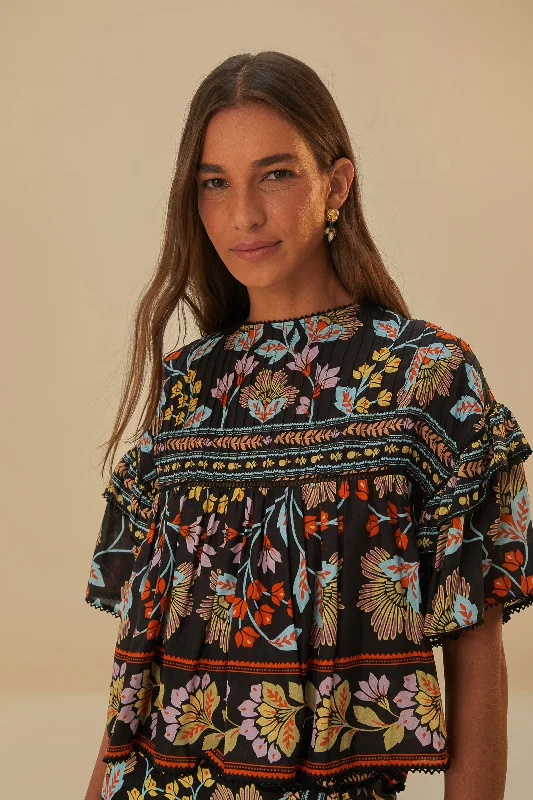 Black Flowery Ruffle Blouse Wrap Front Blouse