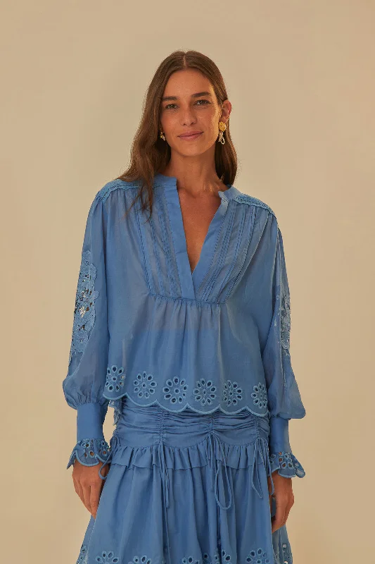 Blue Long Sleeve Organic Cotton Blouse Office Formal Blouse