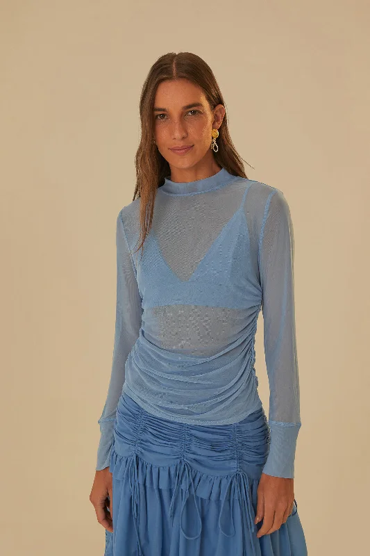 Blue Tulle Long Sleeved Blouse Puff Sleeve Blouse