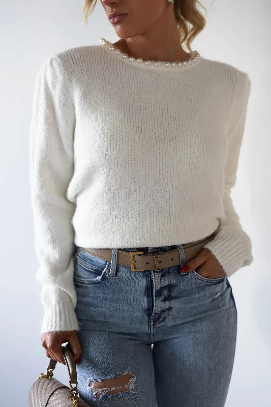 Caliste Pearl Detail Cosy Jumper | White Zippered Front Buttoned Front Snap Front