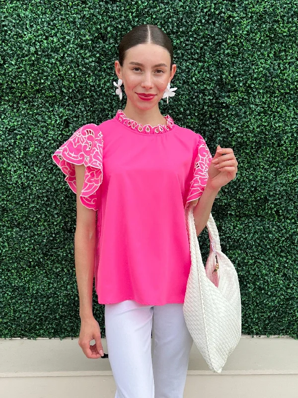 Hot Pink Flutter Blouse Airy Cotton Blouse