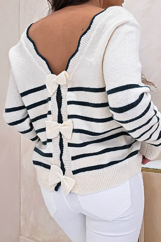 Daniella Bow Back Jumper | Green Stripe Wool Sweater Cotton Sweater Cashmere Sweater