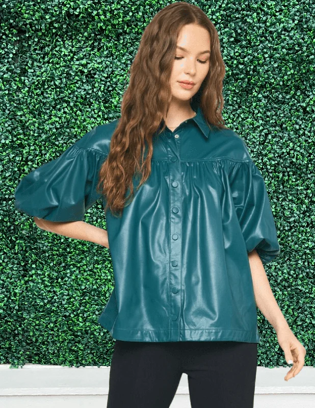 Drop Puff Pleather Blouse Cotton Casual Blouse