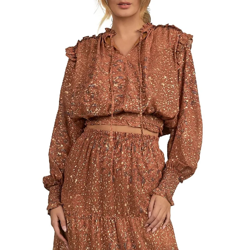 Elan Womens Metallic Ruffled Blouse Semi-Sheer Blouse