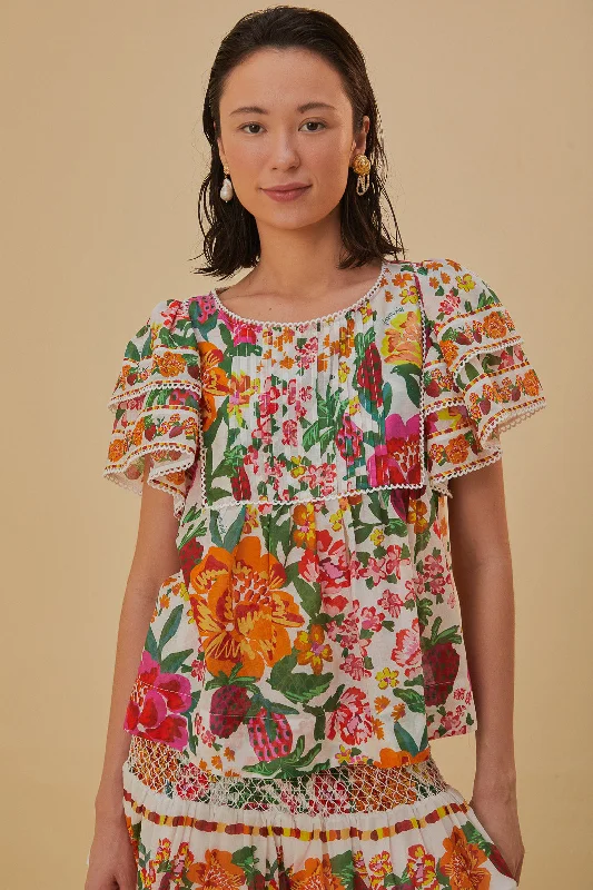 Off-White Flowerful Sketch Blouse Off-Shoulder Wrap Blouse