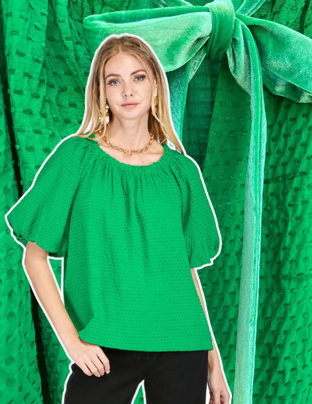 Green Velvet Bow Blouse Feminine Puff Blouse