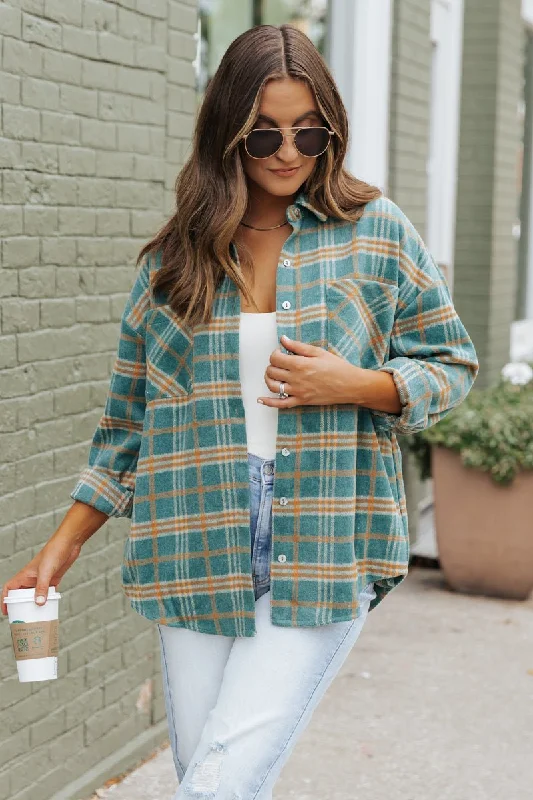 Green and Orange Plaid Shacket Polished Work Blouse