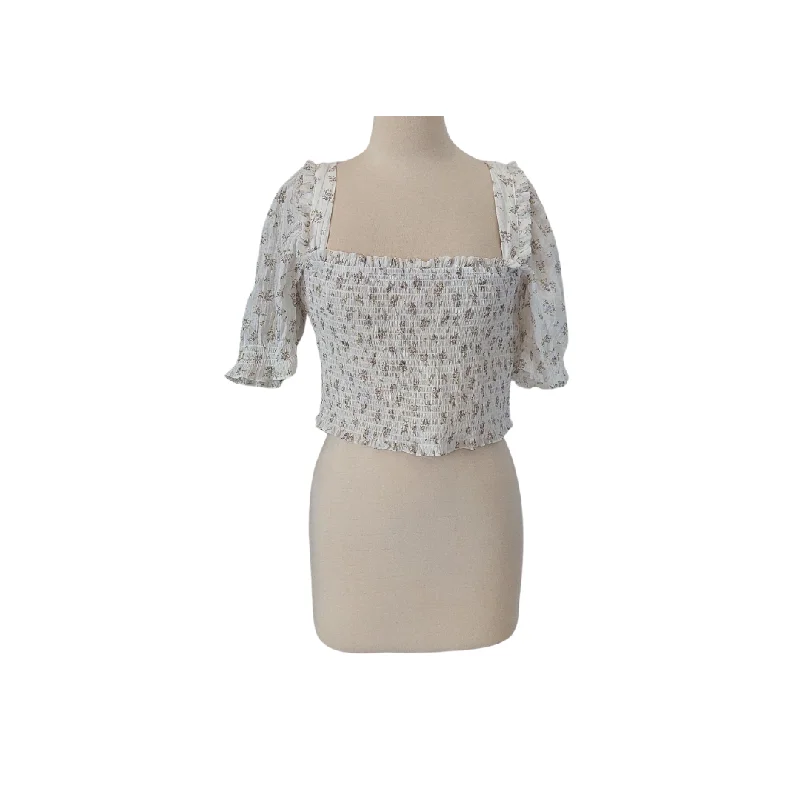 H&M White Floral Cropped Peasant Blouse | Like New | Elegant Office Blouse