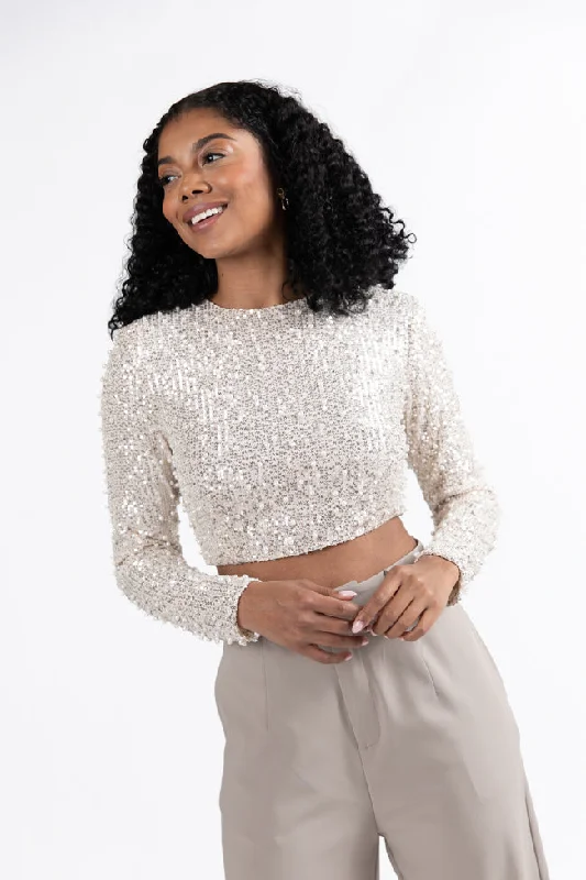 In Good Spirits Beige Pearl And Sequin Embellished Crop Blouse Embroidered Floral Blouse