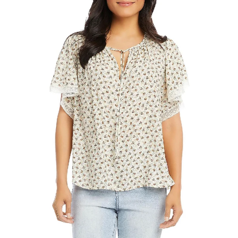 Karen Kane Womens Countryside Printed Tie Neck Blouse Cotton Casual Blouse