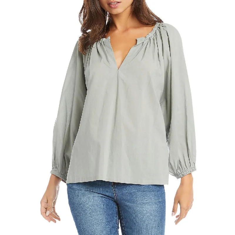Karen Kane Womens Pleated V-Neck Blouse Boho Printed Blouse